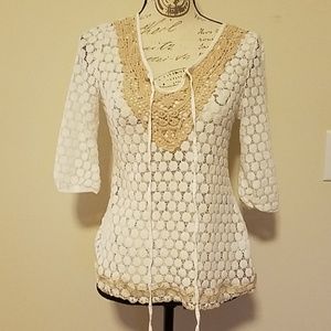 👚 SOLITAIRE 👚 WHITE & TAN TAPESTRY BLOUSE